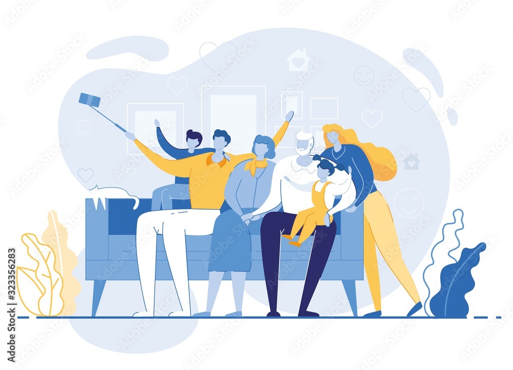 Happy Family Making Selfie, Mother, Father, Son, Daughter, Grandmother and Grandfather Sitting on Sofa Posing on Smartphone. Loving Relations, Sweet Moments of Life. Cartoon Flat Vector Illustration