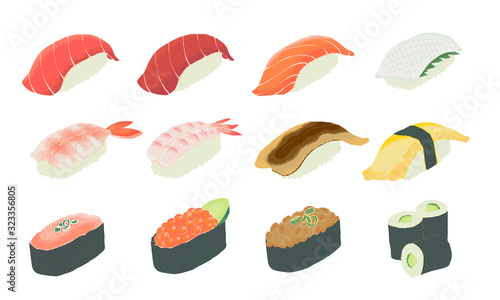 いろんなお寿司の素材イラスト 定番握り シームレス