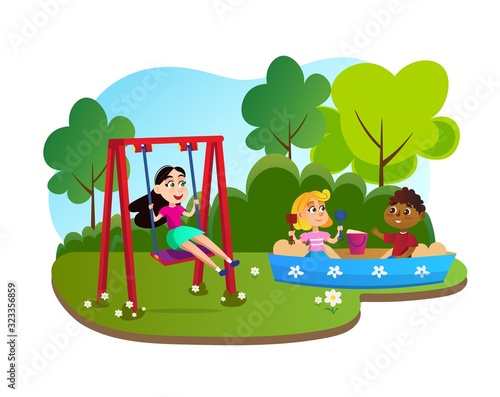 Summer Sport Camp for Children Cartoon Flat Vector Illustration. Kids Playing on Playground Outside. Entertainment. Girls Riding on Swing, Friends Playing Together in Sand Pit with Bucket and Shovel.