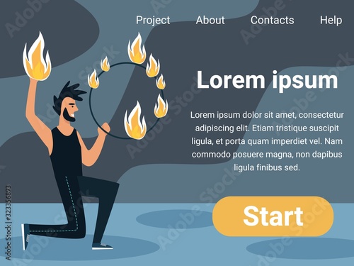 Talent Show or Circus Performance. Young Man Performing Dangerous Art of Fire, Juggling and Controlling Flames During Television Program Broadcasting, Festival Cartoon Flat Vector Illustration Banner