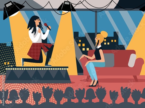 Talk or Talent Show Broadcasting. Crowd of People Viewers Sitting in Audience Hall Watching on Stage with Young Singer Performing Musical Composition for Studio Guests Cartoon Flat Vector Illustration