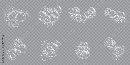Bath foam soap with bubbles isolated vector illustration on transparent background. Set of shampoo and soap foam lather vector illustration.