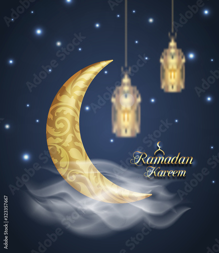 Crescent Islamic with Lanterns for Ramadan Kareem. Golden Half Moon, Lamps