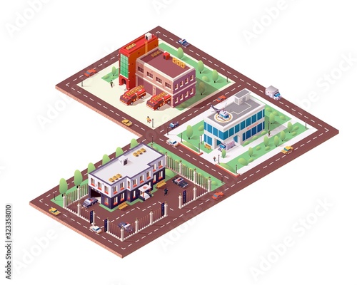 Fire Department, Police Department and Hospital. Set of Isolated Isometric Illustration with Emergency Buildings, Cars, People and View City Street on White Background. Flat Vector
