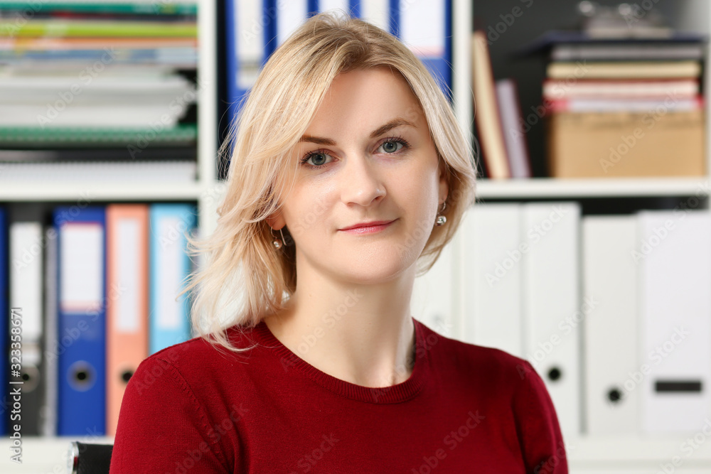 Normal blond woman portrait at office workplace concept Normal blond woman portrait at office workplace concept