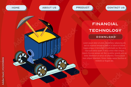Financial technology site template. Application and software development header poster design. Vector illustration of a mining cart on rails as a symbol of block chain technology