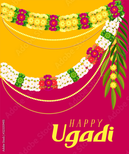 Happy ugadi text greeting card. Floral garland mala