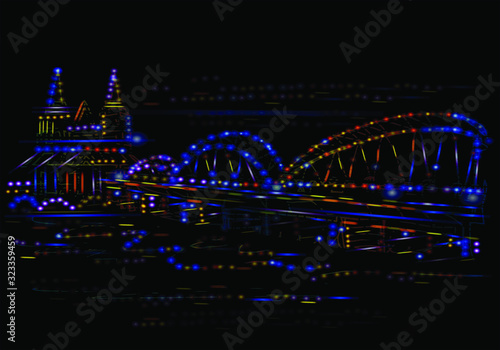 Bridge in the city at night. Beautiful lights, Travel. Vector illustration.