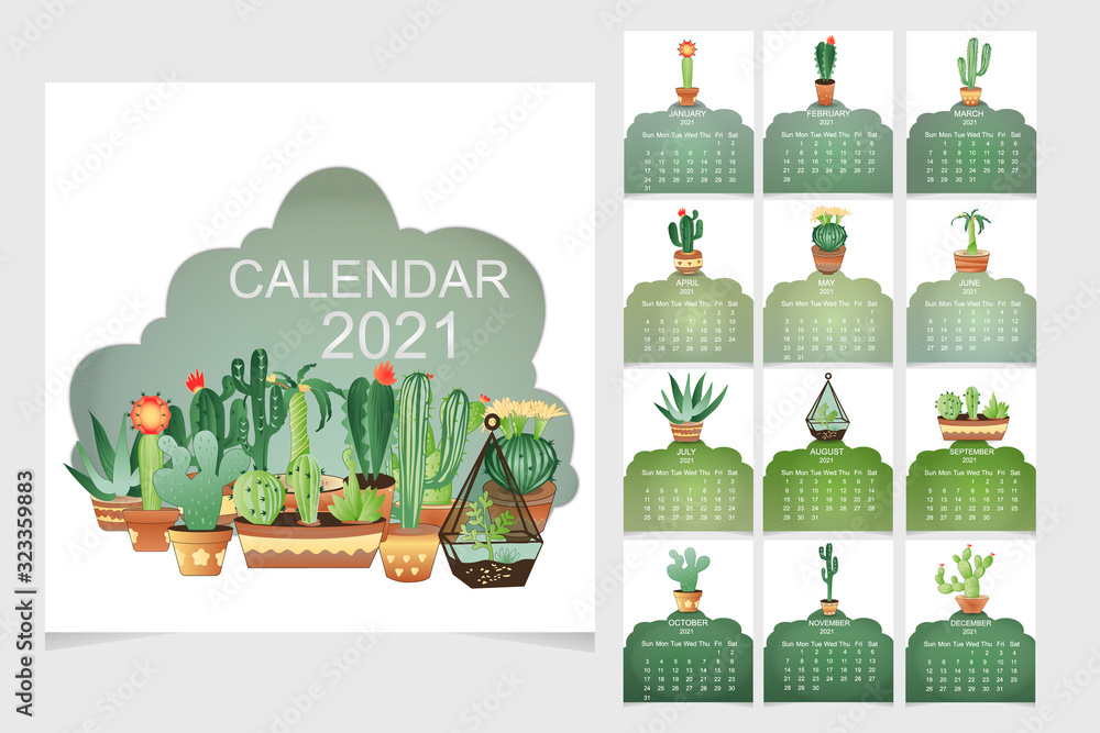Calendar 2021.Cute calendar and cactus plants.Vector illustration.