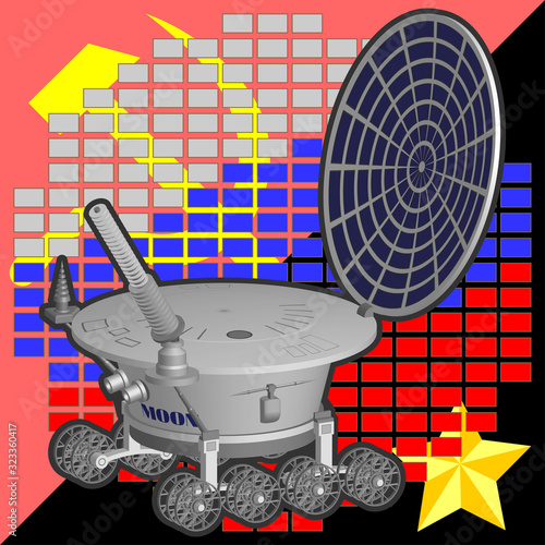 3D retro lunar rover with a round solar battery on the background of a sickle, a hammer and a star