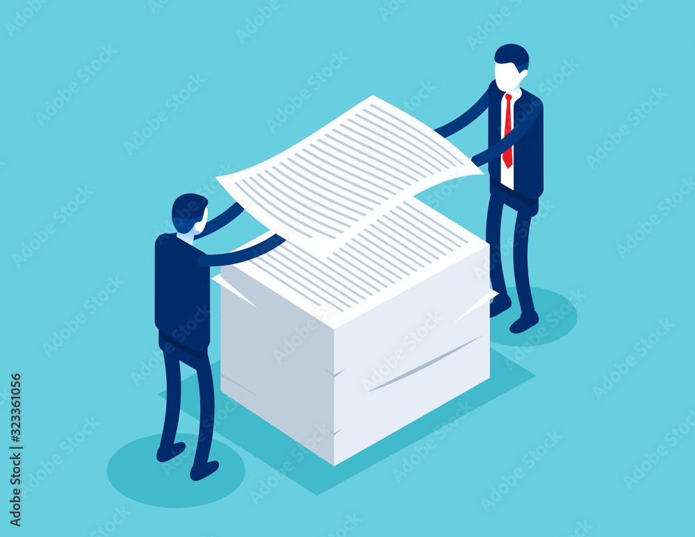Studying working documentation and teamwork. Isometric vector business cartoon style Studying working documentation and teamwork. Isometric vector business cartoon style