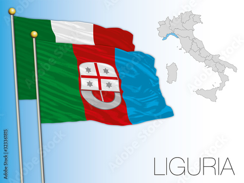 Liguria official regional flag and map, Italy, vector illustration