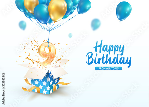 Celebrating of 9 th years birthday vector 3d illustration. Ninth anniversary celebration. Open gift box with explosions confetti and number nine flying on balloons on light background