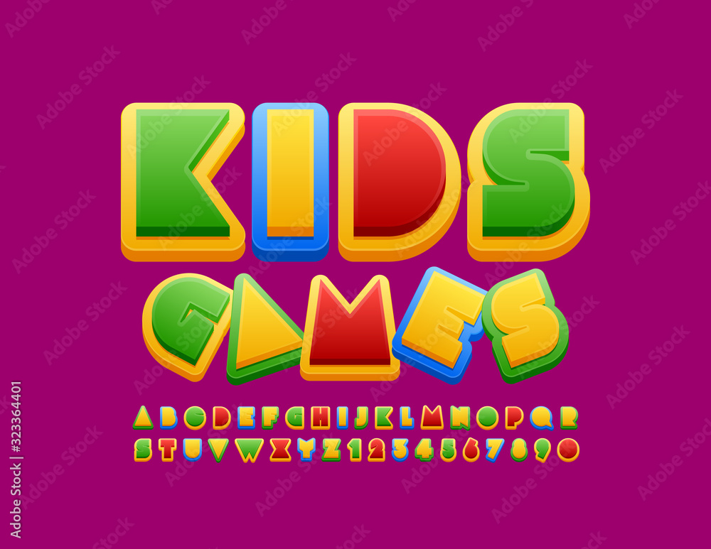 Vector colorful banner Kids Games with creative Font. Bright Alphabet ...