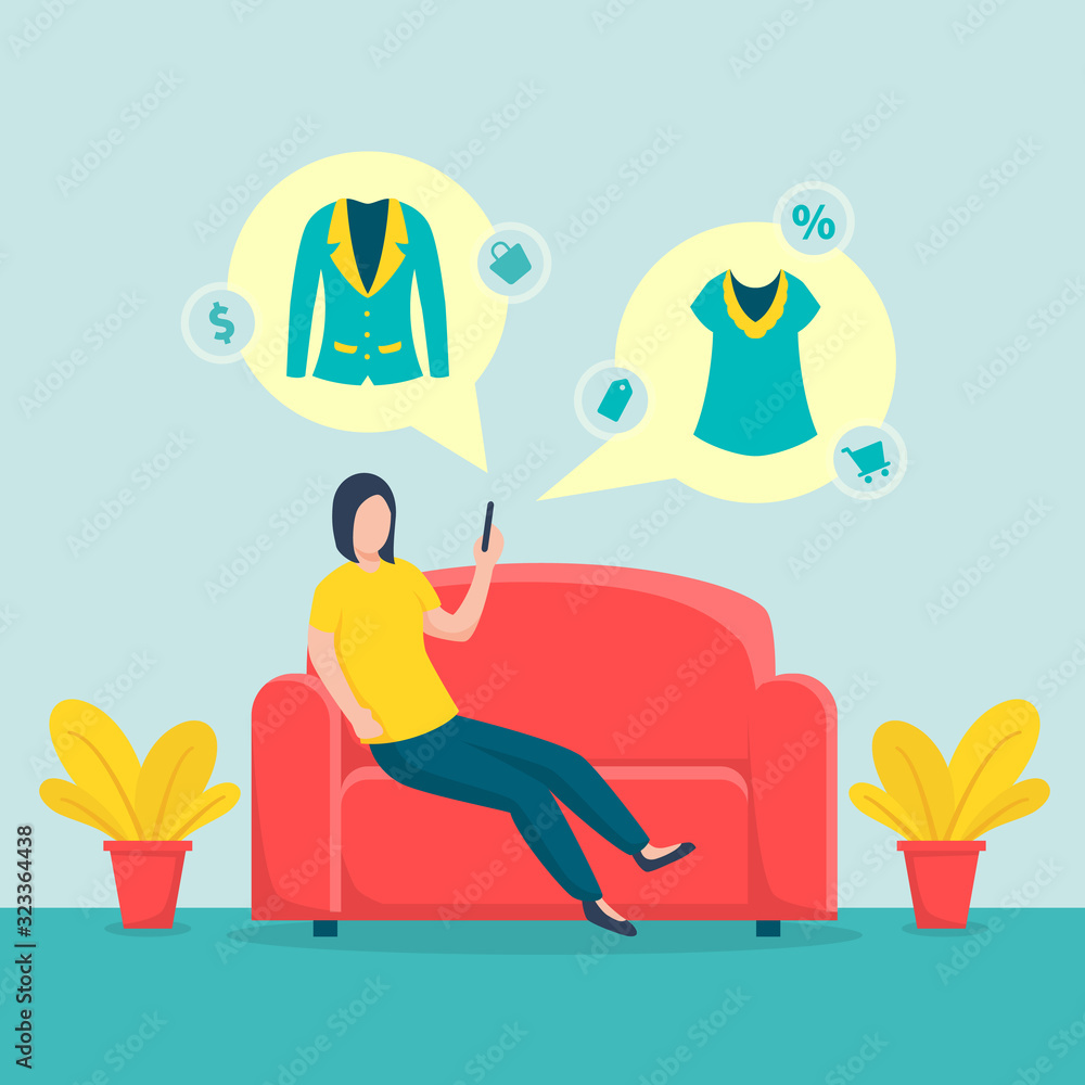 woman mobile shopping sitting on sofa couch with fashicon ecommerce icon with flat style