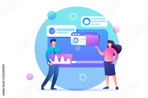 Young entrepreneurs insist data for digital marketing, advertising on the Internet. Flat 2D character. Concept for web design