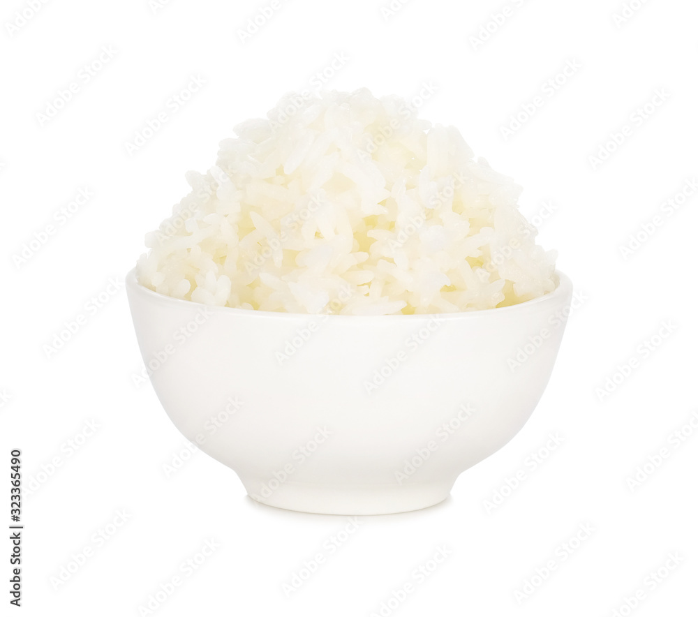 Rice, cooked Jasmine rice in a white bowl isolated on white background. Rice, cooked Jasmine rice in a white bowl isolated on white background.