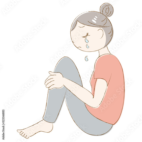 涙を流す　女性　キャラクター　体育座り　悲しい