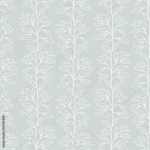 Vector seamless pattern with white vertical branches with leaves on gray background; abstract natural design for fabric, wallpaper, textile, web design.