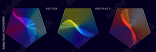 Set of Colorful Pentagonal Graphic Elements on Dark Background. Abstract Optical Illusion Vector Symbols.