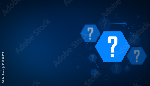 Quiz question mark sign, concept with hexagon on blue background