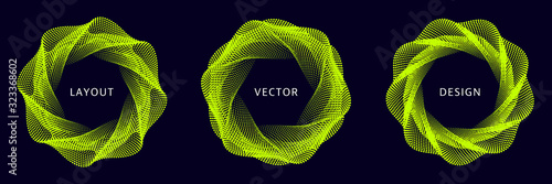 Set of Spiral Dotted Graphic Elements on Dark Background. Wavy Vector Frames.