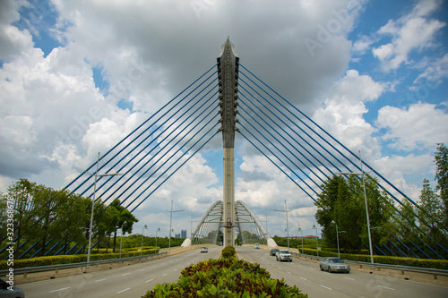 Close to the Seri Saujana Bridge in Putrajaya, Malaysia the Malaysian Government city 40 km outside of Kuala Lumpur. Close up to the steel cable structure of the Putrajaya bridge. 