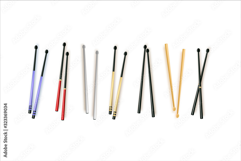 Drumsticks or drum sticks vector. Rock or jazz equipment. Isolated on white background. icon for music apps and websites Drumsticks or drum sticks vector. Rock or jazz equipment. Isolated on white background. icon for music apps and websites