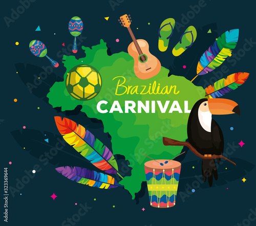 poster of brazilian carnival with map and decoration vector illustration design