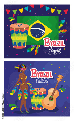 set of poster carnival brazil with decoration vector illustration design