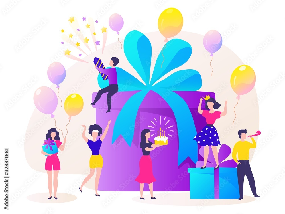 Birthday gift box. Cartoon happy characters celebrating party and dancing at birthday present. Vector concept surprise of friends have fun Birthday gift box. Cartoon happy characters celebrating party and dancing at birthday present. Vector concept surprise of friends have fun