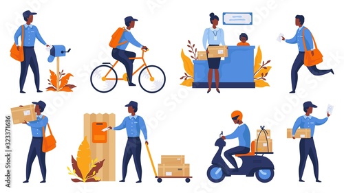 Postman. Cartoon delivery worker character shipping parcels, walking with mail and riding. Vector express delivery and shipping scenes, mailing package art person in uniform