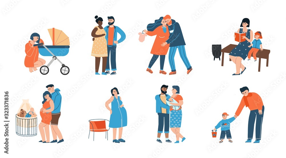 Young family. Happy father, mother and their child cartoon characters, parents in pregnancy period. Vector isolated illustration childbirth and maternity, couples with children