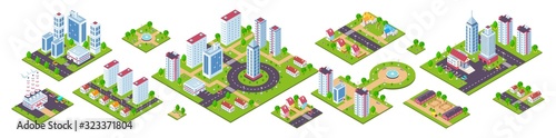 Isometric city. 3D real estate houses cars and town constructions, city blocks with streets and nature. Vector image urban town set, design concept cities map