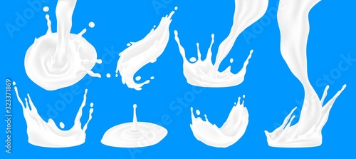 Realistic milk splashes. 3D liquid drops, healthy natural food concept, milk and cream round crown. Vector milk or yogurt splash objects set on blue background