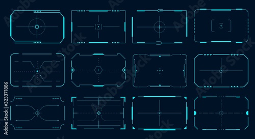 HUD frame. Futuristic game target borders, sci-fi empty banners for text, menu technology interface. Vector lock target technology ui screens set