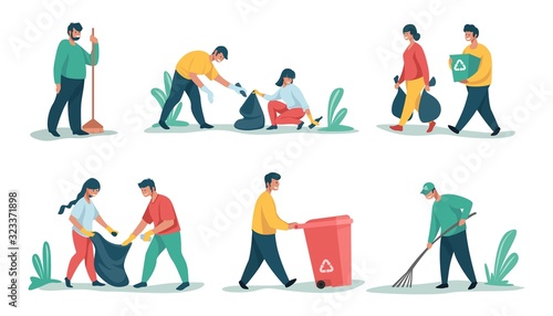 Cleaning garbage. Cartoon characters sorting and recycling waste and trash, collecting rubbish. Vector people picking up litter, nature outdoors cleaning for separation and recycled