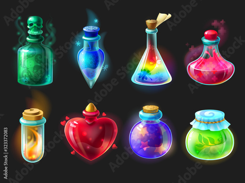 Magic potion. Cartoon game interface elements, alchemist bottles with elixir, poison, antidote and love potion. Vector fantasy and fairy tales objects set for design gui photo