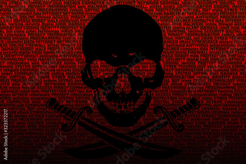 Black Jolly Roger on a bright blood-red background, consisting of terms on the topic of computer technology, computer viruses and cyber attacks.