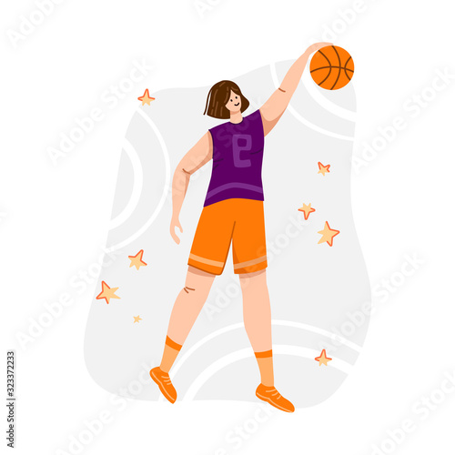 Basketball player with ball on playground, young muscular woman in uniform playing match, girl jumping and holds sports ball, player train in basketball, flat people - isolated vector for poster