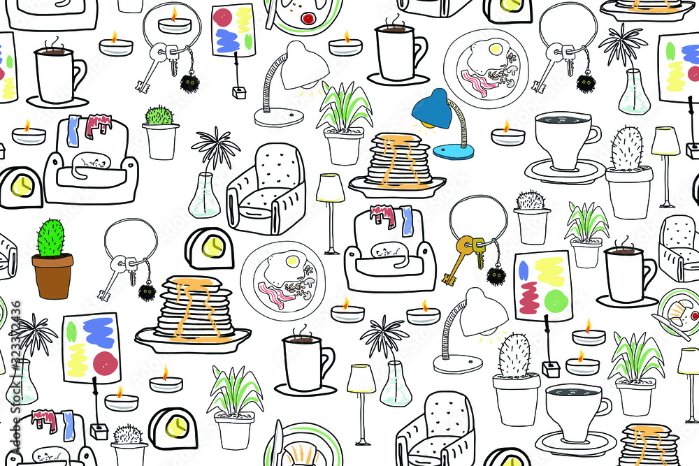 Seamless vector background of household items stylized as hand-drawing. Seamless vector background of household items stylized as hand-drawing.