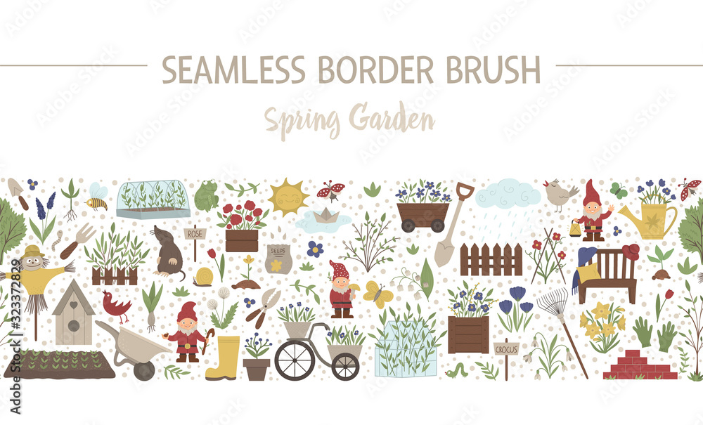 Vector spring garden seamless pattern brush. Gardening themed background. Repeating border with garden tools, flowers, plants isolated on white background..