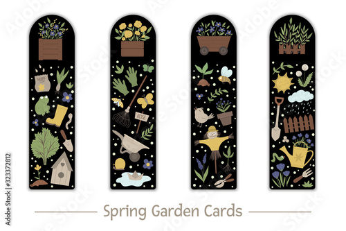 Vector set of garden bookmarks for children. Cute gardening tools, flowers, plants on black background.  Spring vertical layout card templates. Stationery for kids..