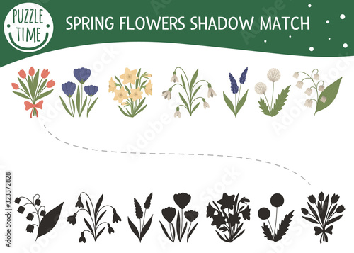 Shadow matching activity for children with spring flowers. Preschool garden themed puzzle. Cute floral educational riddle. Find the correct silhouette game..