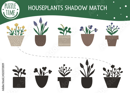 Shadow matching activity for children with houseplants in pots. Preschool puzzle with home potted flowers. Cute spring floral educational riddle. Find the correct silhouette game..