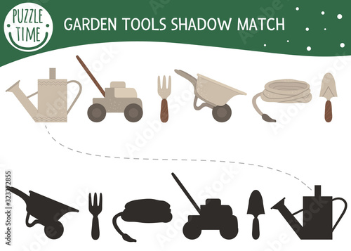 Shadow matching activity for children with garden tools. Preschool puzzle with gardening equipment. Cute spring educational riddle. Find the correct silhouette game..