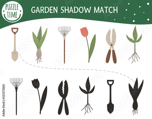 Shadow matching activity for children with garden tools and young plants. Preschool puzzle with gardening equipment. Cute spring educational riddle. Find the correct silhouette game..
