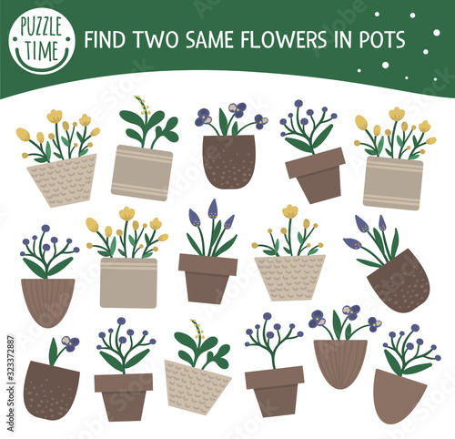Find two same houseplants. Garden themed matching activity for preschool children with cute home plants in pots. Funny spring game for kids. Logical quiz worksheet..