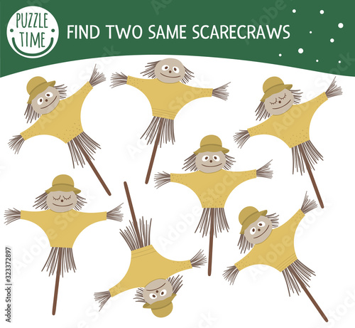 Find two same scarecrows. Garden or farm themed matching activity for preschool children with cute funny bugaboos. Funny spring game for kids. Logical quiz worksheet..