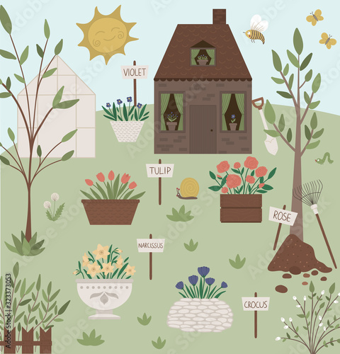Vector illustration of garden with flower beds with name plates. Flat spring scene with a farm or country house with trees, bench, greenhouse, sun, gardening equipment..